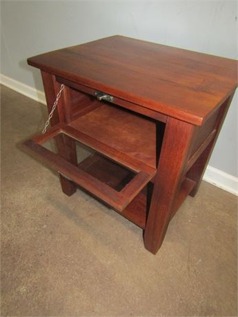 Unique Wood End Table with Drop Down Door and Bottom Storage
