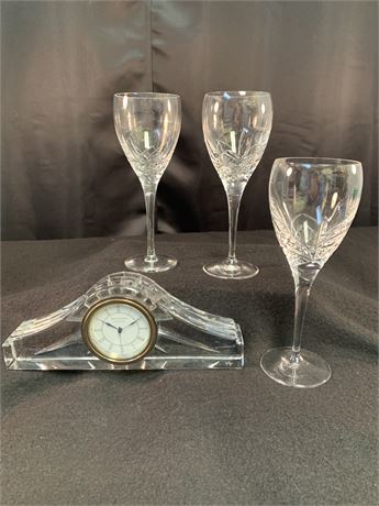 Waterford Mantle Clock and White Wine Glasses