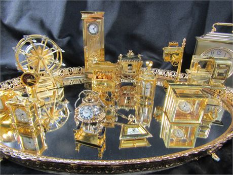 Miniature Gold Doll House Accessories, Including Ferris Wheel, Carriage, Clocks