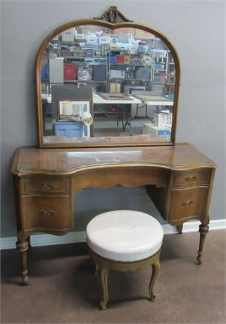 Vintage Bow Front Vanity with Mirror on Casters with Swivel Stool