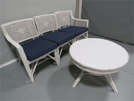 White Wicker Sofa 3-Piece w/Round Coffee Table