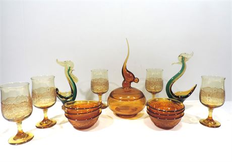 Mid-Century Sommerso Art Glass Birds / Amber Glass