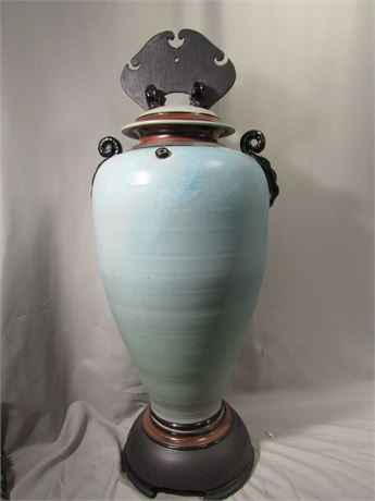 Large Glazed Ceramic Urn with Blue Opaque Tones and Handles