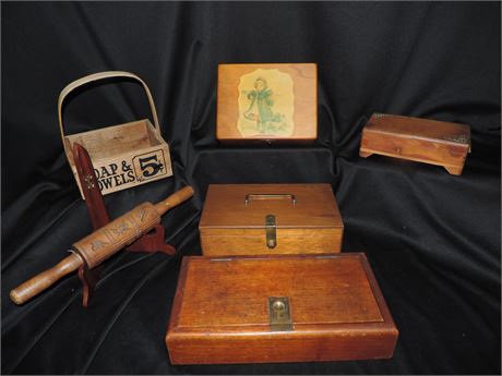 Vintage Wood Treasure Boxes / Rolling Pin / Basket