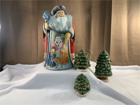 G. DeBrekht "Little Family Santa" Three Christmas Trees Carved Hand Painted Wood