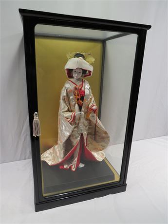 Japanese Geisha Girl Doll w/Glass Case