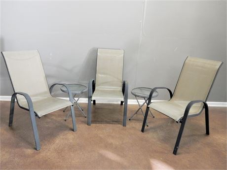 Three Patio/Sunroom Grey Chairs with Two Matching Side Tables