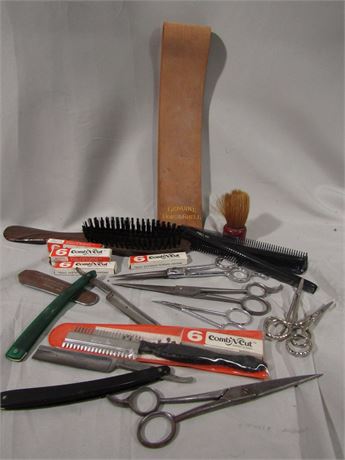 Vintage Barber Shop Supplies, Blades, Scissors, Combs and Straight Edges