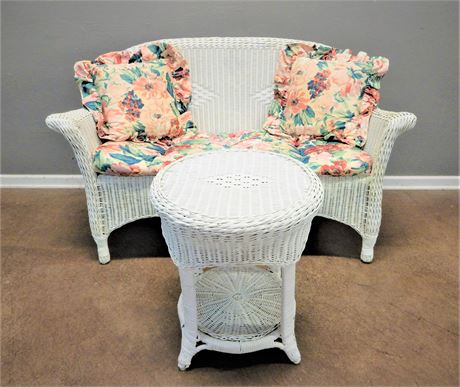 Authentic White Wicker Patio/Sunroom Loveseat and Matching Table