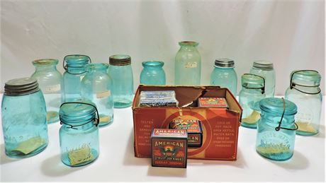 Vintage Mason, Ball, Leotric, Clark's, Perries, Safe Seal Canning Jars with Lids