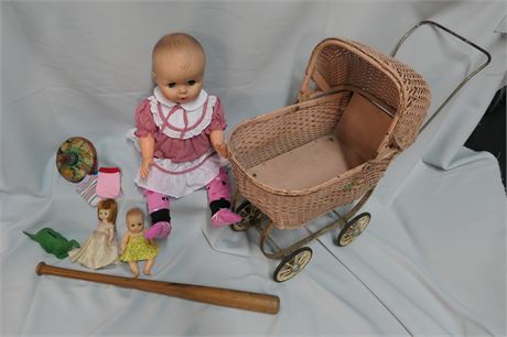 South Bend Wicker Carriage / Midget League Bat / Spinning Top / 3 Dolls/ Toy Lot