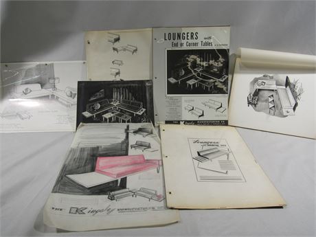 1952 Mid Century Furniture Original Design Art, Etchings, Designs, Kingsley Mfg.