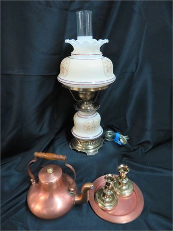 Vintage Lamp / Copper Kettle / Brass Candlestick Holders