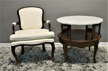 Elegant White Chair with a Marble side table to compliment