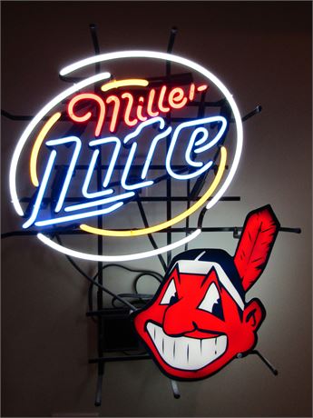 Cleveland Indians Chief Wahoo Miller Lite Beer Neon Light Sign
