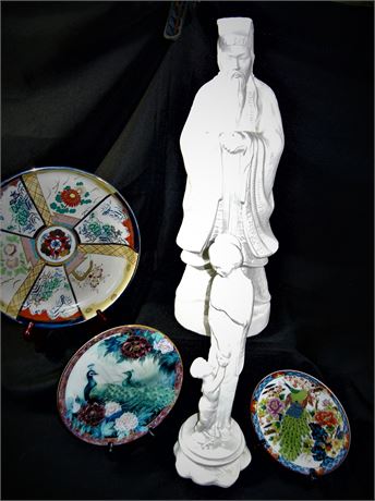 Asian Decorative Plates and White Ceramic Statues