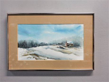 French Signed Watercolor "Winter Scene"