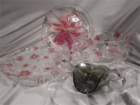 Glass Bowl, Candy Dish and Serving Platter with Pink, Black and Clear Glass