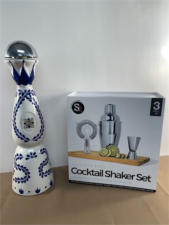 Empty Hand Painted  Clase Azul Reposado Tequila Bottle/Cocktail Shaker Set