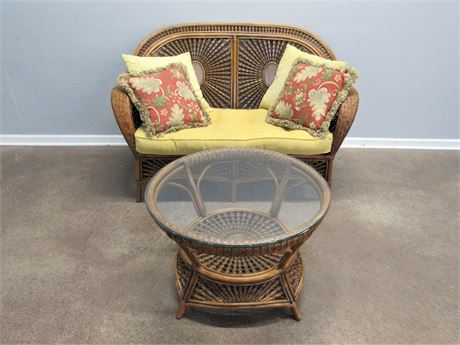 Wicker/Woven Loveseat with Cushion, 4 Pillows, and Matching Coffee Table