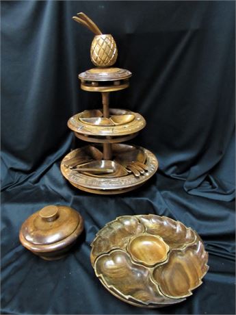 3 Piece Carved Wood Serving Lot