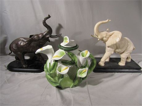 3 Piece with Elephants (Brass) and Ceramic Floral Pitcher
