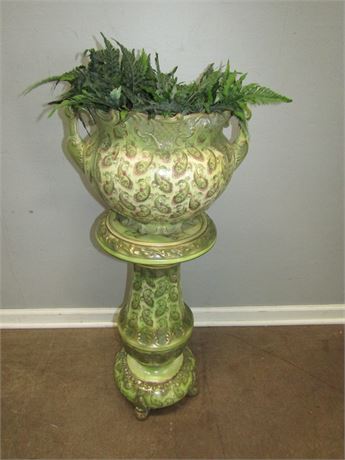 Rare Antique Hayes Co. Planter and Matching Stand, Green and Gold