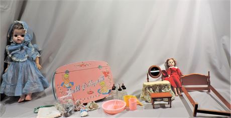 Vintage Large Doll / Doll Bed / Vanity / Stool / Layette