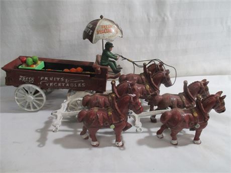Vintage Cast Iron Fruits and Vegetables Carriage With 6 Horses 14" Wide