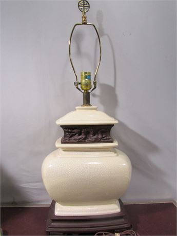 Asian Ceramic Table Lamp with Wood Carved Dragon Base