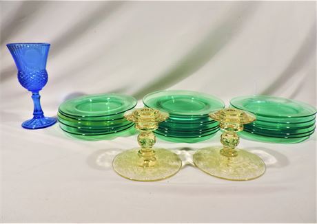 Vintage Pair Gold Glass Candlesticks / Green Glass Plates