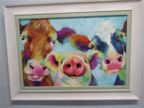 Original Animal Barn Face Art with Professional White Frame