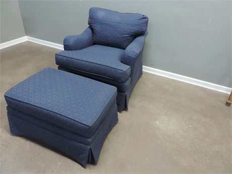Ethan Allen Skirted Upholstered Royal Blue Chair & Matching Ottoman