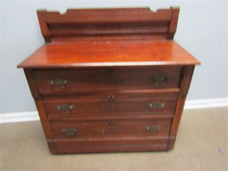 Antique Wood Chest, 3 Drawers with Deep Red Color and Craved trim