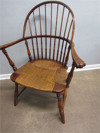 Rare Winsor Wood Arm Chair, Frederick Duckloe Style with Straw Seat