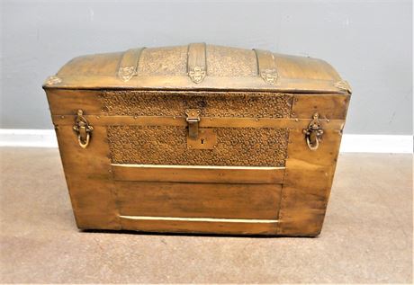 Vintage Metal Covered Dome Wood Gold Tone Trunk