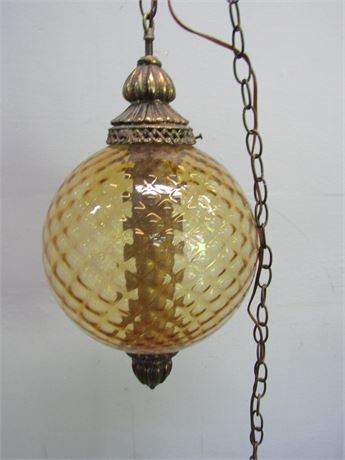 Vintage Hanging Swag Lamp with Light Amber Glass Globe Textured