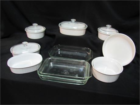 11 Piece Cookware Lot - 8 French White Corning ware & 3 Pyrex Baking Dishes