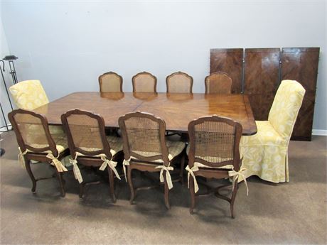 Large Vintage Dining Table with Double Pedestals, 3 Leaves and 10 Chairs
