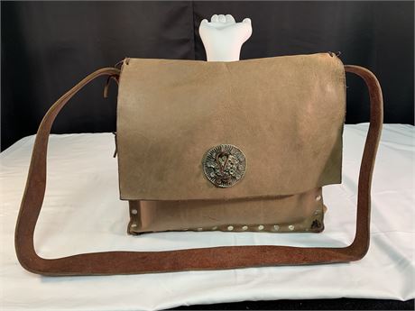 Brown Leather Crossbody with Button Jewel