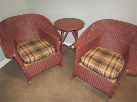 Painted Wicker Style Furniture Set, 2 Chairs and Table in Burgundy Color