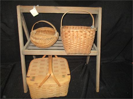 Early American Basket Holder with Old Wooden Ash Carrier Baskets