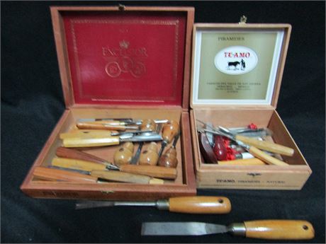 2 Large Boxes of Wood Carving Tools, Gouges, Cutters, and Blades
