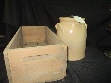 Early 2 Piece American Lot, Old John Burger Crock & Heavy Wooden Storage Crate