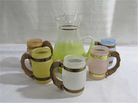 7 Piece Mid Century Frosted Glass Lot - Blendo Pitcher and 6 Siesta Ware Mugs