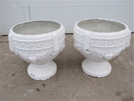 2 Large Concrete Urn/Planters with Grape Vines and Greek Key Design