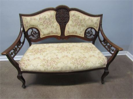 Vintage Victorian Style Solid Wood Parlor Bench, Hand Carved Trim
