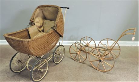 Primitive - Antique Wicker Doll Carriage 1920 and Antique Doll Buggy