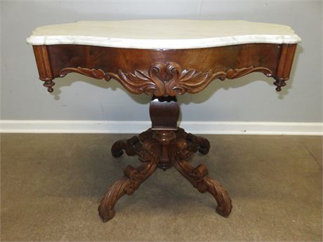 Antique Victorian Rococo Carved Marble Turtle Top Parlor Table
