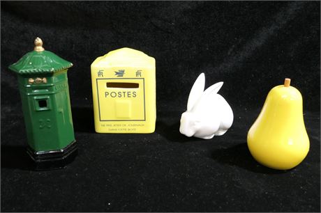 Ceramic Post / Mail Box / Rabbit / Painted Wood Pear Bank Lot of 4